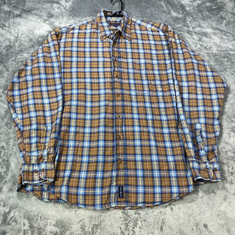 Vintage GANT Shirt Mens XL Orange Plaid Long Sleeve Button Down Indigo Twill USA
